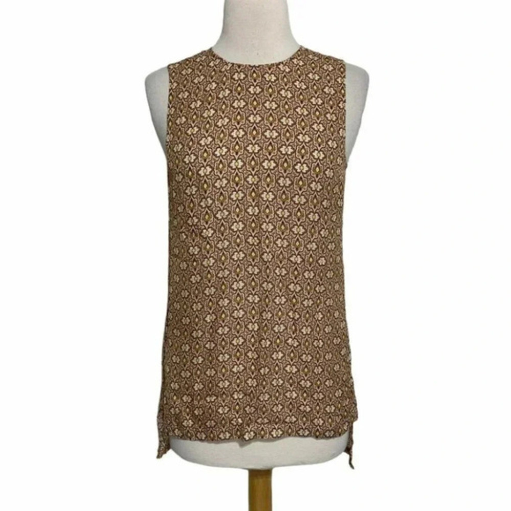 Theory 0/P tan/brown print silk hi/low sleeveless shell top